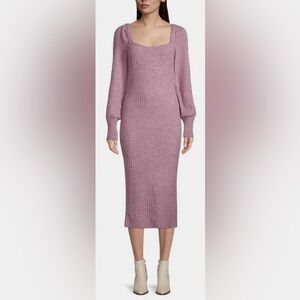 MINKPINK Saeeda Squareneck Rib-Knit Midi Dress, Heathered Lilac, sz S